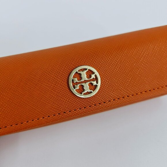 Tory Burch Glasses Case Orange Saffiano Leather Gold Metal Logo Designer Stylish - Picture 2 of 8